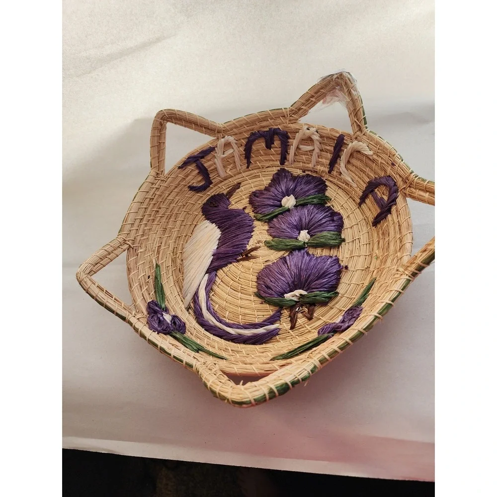 Vintage Jamaica Hand Woven Straw Basket Raffia Embroidered Bird Flower Souvenir